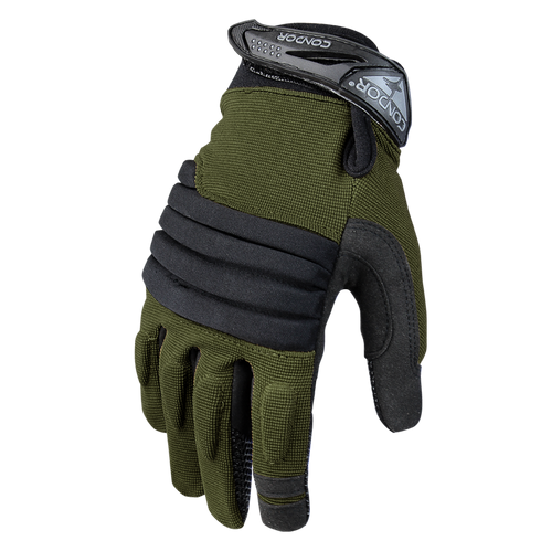 The Condor Stryker Padded Knuckle Glove in olive green features black padded knuckles and an adjustable wrist strap—perfect for military or law enforcement professionals needing durable protection.