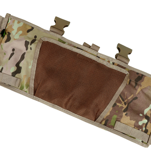 The Condor Rapid Assault Chest Rig in Scorpion OCP features a camouflage pattern, brown mesh pocket, and three tan plastic buckle fasteners—designed for military or tactical use.