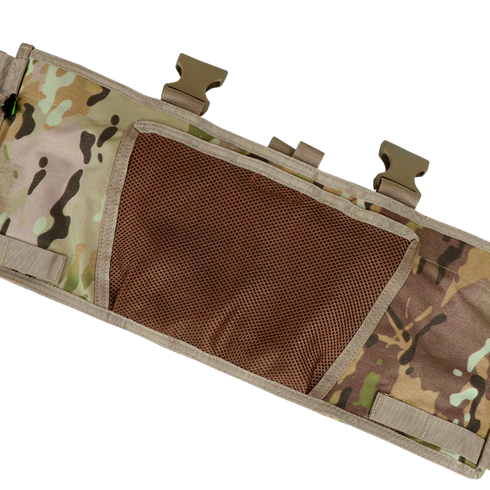 Condor Rapid Assault Chest Rig in Scorpion OCP features a mesh pocket, two top plastic buckles, and side hook-and-loop fasteners, shown on a white background.