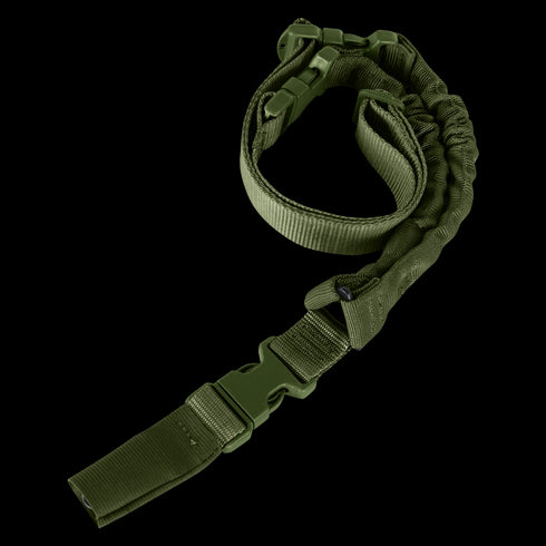 The Condor Cobra 1-Point Bungee Sling in Olive Drab features adjustable webbing, plastic buckles, and elastic bungee sections for comfortable rifle carrying.