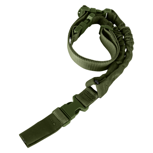 The Condor Cobra 1-Point Bungee Sling in Olive Drab features adjustable webbing, plastic buckles, and elastic bungee sections for comfortable rifle carrying.