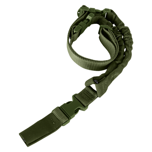 The Condor Cobra 1-Point Bungee Sling in Olive Drab features adjustable webbing, plastic buckles, and elastic bungee sections for comfortable rifle carrying.