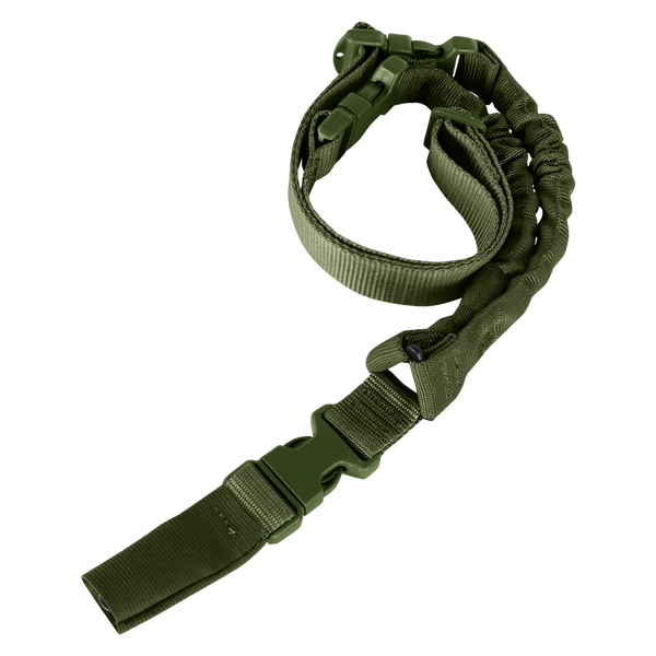 The Condor Cobra 1-Point Bungee Sling in Olive Drab features adjustable webbing, plastic buckles, and elastic bungee sections for comfortable rifle carrying.