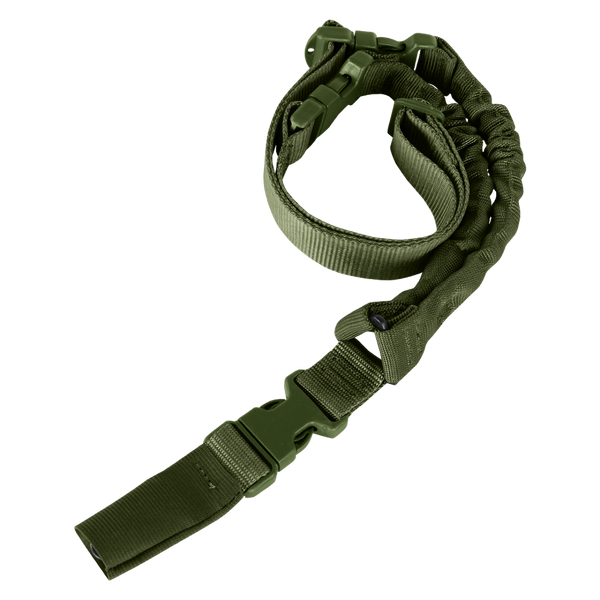The Condor Cobra 1-Point Bungee Sling in Olive Drab features adjustable webbing, plastic buckles, and elastic bungee sections for comfortable rifle carrying.