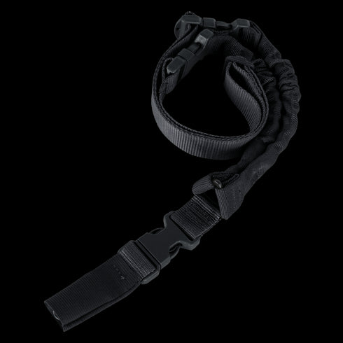 The Condor Cobra 1-Point Bungee Sling is a black adjustable tactical sling with buckles and padded sections, perfect for EDC or law enforcement use, shown coiled in a loose loop on a white background.