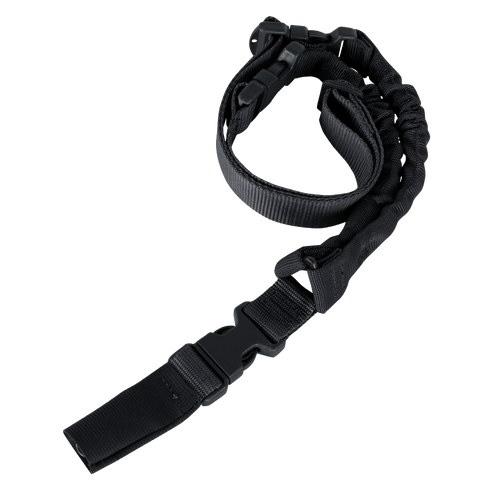 The Condor Cobra 1-Point Bungee Sling is a black adjustable tactical sling with buckles and padded sections, perfect for EDC or law enforcement use, shown coiled in a loose loop on a white background.