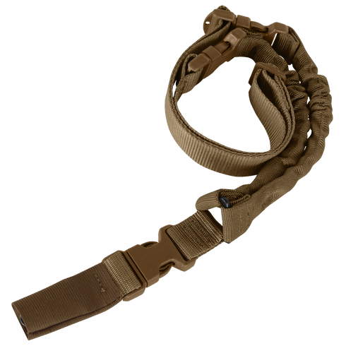 The Condor Cobra 1-Point Bungee Sling in tan features quick-release buckles and reinforced webbing, making it ideal for law enforcement or EDC. Laid out on a plain background.