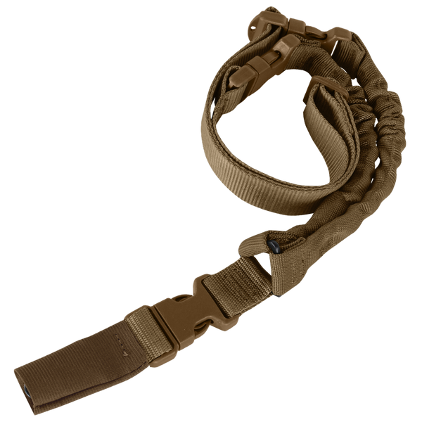 The Condor Cobra 1-Point Bungee Sling in tan features quick-release buckles and reinforced webbing, making it ideal for law enforcement or EDC. Laid out on a plain background.