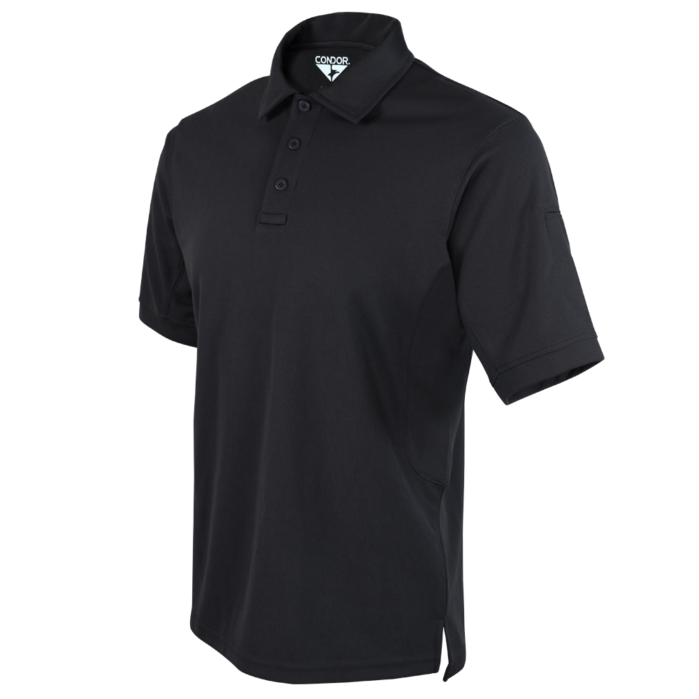 The Condor Short Sleeve Performance Tactical Polo in black features a buttoned collar and a small logo tag at the neck, shown against a plain background.