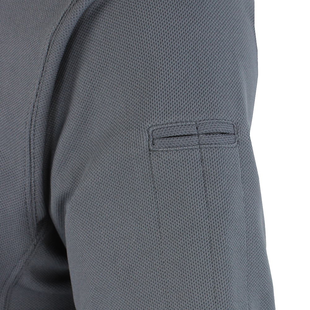 Close-up of the upper sleeve of the Condor Short Sleeve Performance Tactical Polo in gray, displaying its textured fabric and rectangular stitched patch detail.