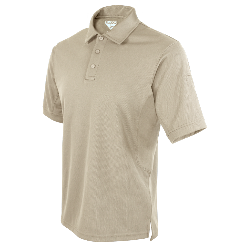 The Condor Short Sleeve Performance Tactical Polo features a light tan color, collar with three buttons, and discreet internal logo—perfect for first responders or law enforcement who need comfort and style.