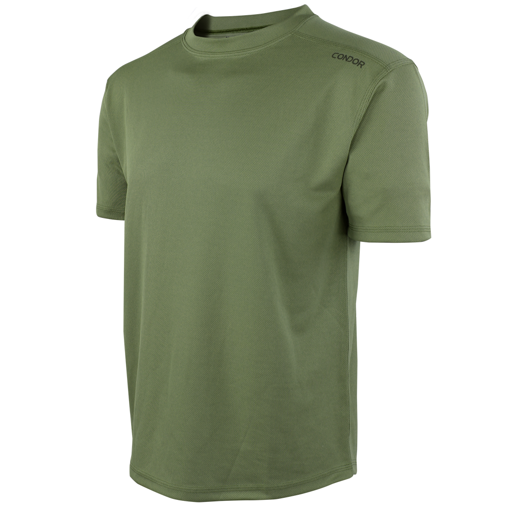 The Condor Maxfort Short Sleeve Training Top features a plain olive green design, crew neck, and left-shoulder branding—perfect for everyday carry or shooting range sessions.