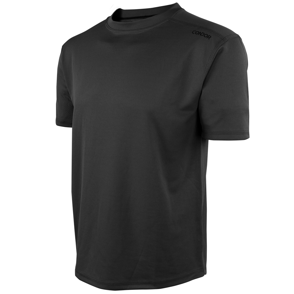 The Condor Maxfort Short Sleeve Training Top is a plain black athletic t-shirt with a crew neck and the Condor logo on the left shoulder—perfect for military, law enforcement, or shooting range use.