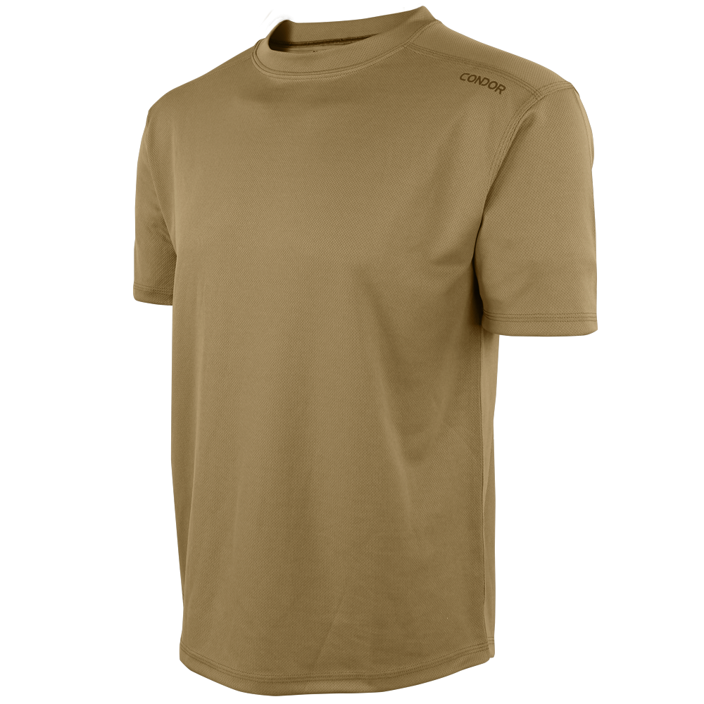 The Condor Maxfort Short Sleeve Training Top is a plain tan t-shirt with Condor on the upper left shoulder, designed for EDC or law enforcement, shown on a white background.