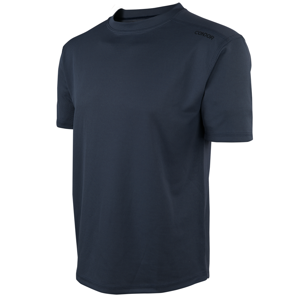 The Condor Maxfort Short Sleeve Training Top is a plain dark blue crew neck athletic tee with the Condor logo on the upper left shoulder, ideal for EDC or law enforcement pros seeking comfort and durability.