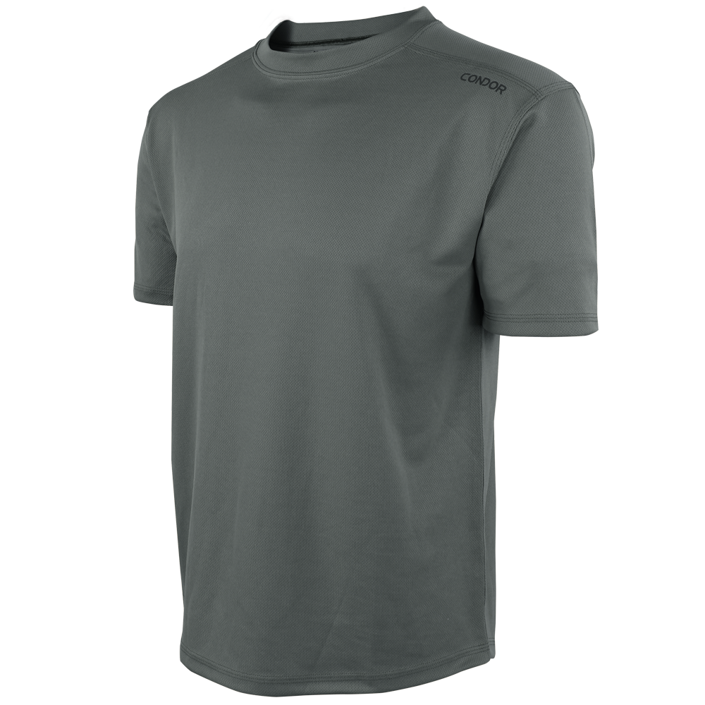 The Condor Maxfort Short Sleeve Training Top is a gray crew neck athletic shirt with a logo on the shoulder, perfect for EDC use or a day at the shooting range.