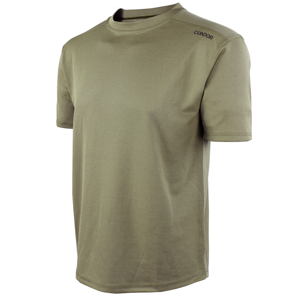 The Condor Maxfort Short Sleeve Training Top is an olive green crew-neck t-shirt with short sleeves and a discreet Condor logo near the left shoulder—perfect for military training or shooting range use.