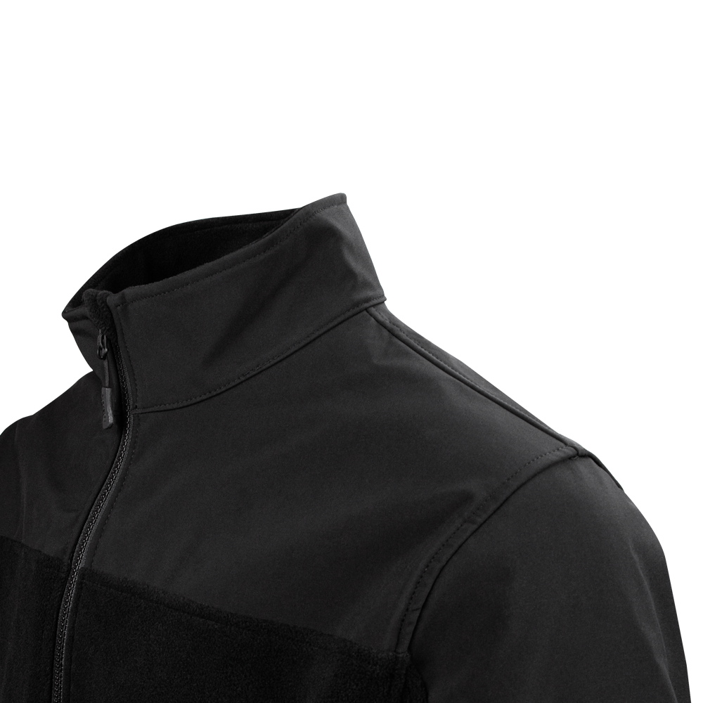 A close-up view of the Condor Bravo Fleece Jacket in black, featuring a high collar and zip-up design, perfect for EDC enthusiasts, shown from the chest up against a plain background.