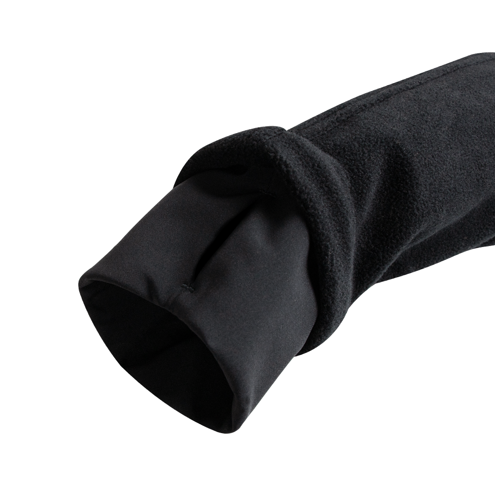 Close-up of the Condor Bravo Fleece Jackets black sleeve with an inset cuff, perfect for bushcraft enthusiasts who value comfort and durability in rugged outdoor settings.