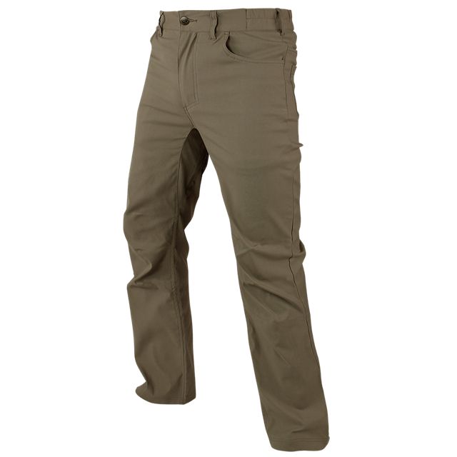 The Condor Cipher Pants are olive green, straight-fit, military-inspired trousers with a front button and zipper closure, displayed on a grey background.