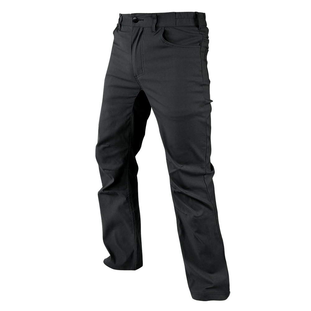 The Condor Cipher Pants are black, straight-leg pants with a button and zip fly, ideal for EDC use, shown on a white background.