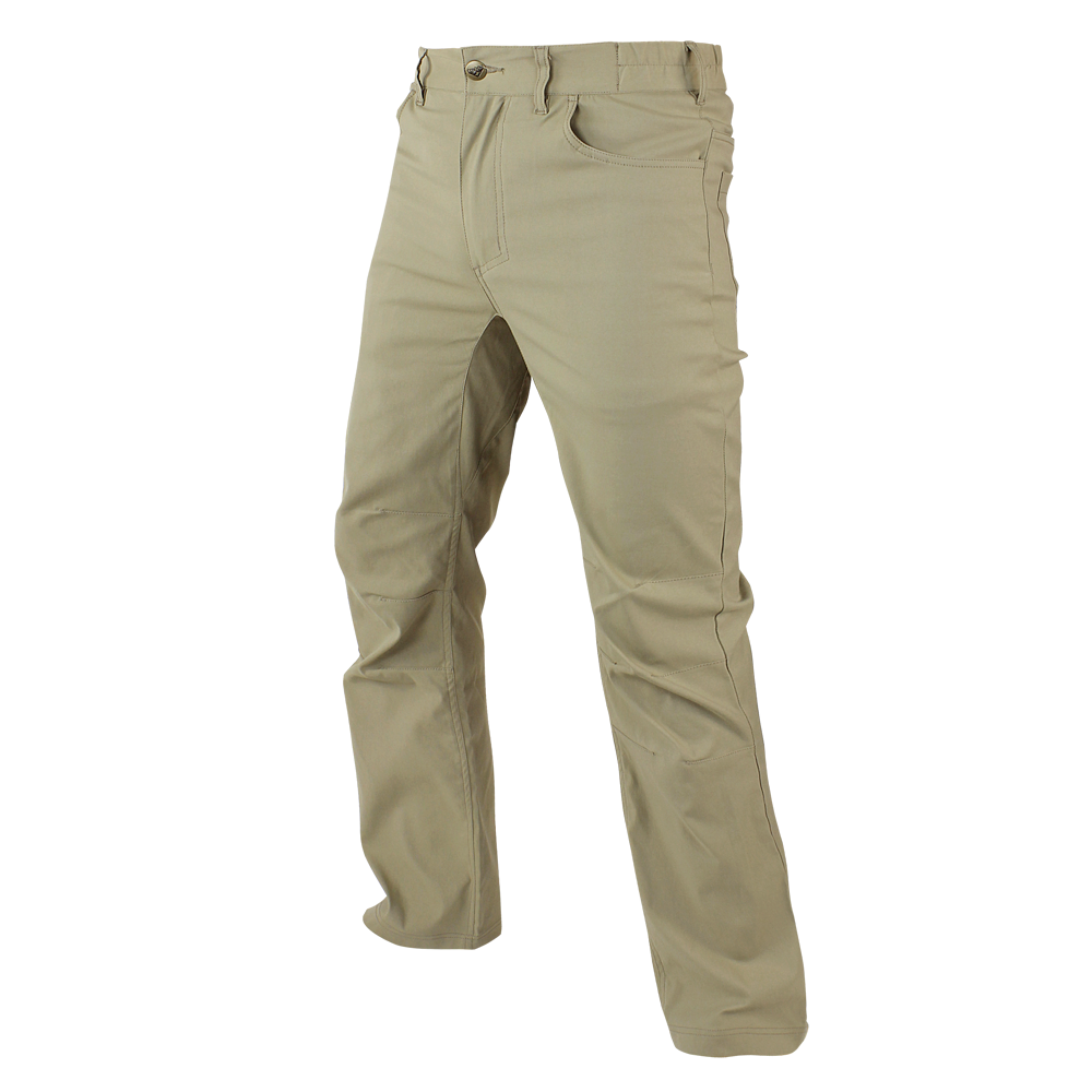 The Condor Cipher Pants are khaki straight-leg trousers with front and back pockets, designed for bushcraft enthusiasts and shown against a white background.