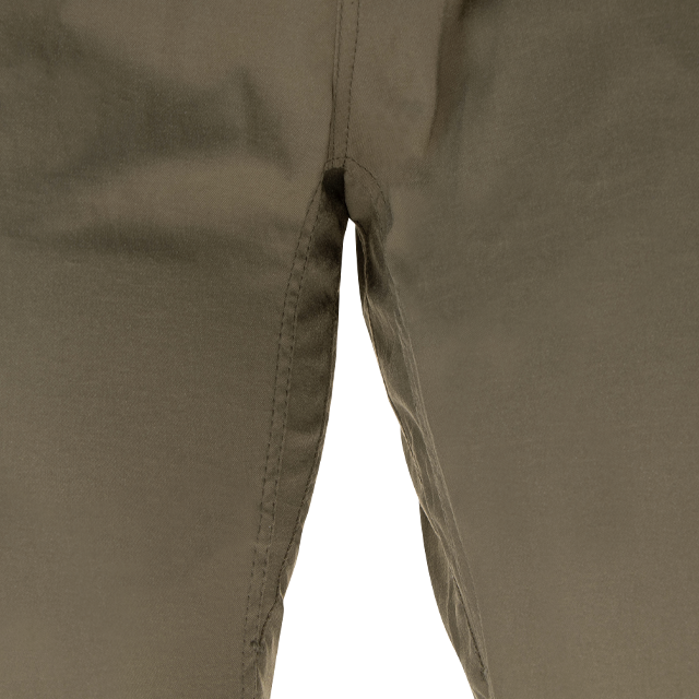 Close-up of the crotch area and inner seams on Condor Cipher Pants in khaki, designed for durability and reliability—perfect for military or bushcraft use.