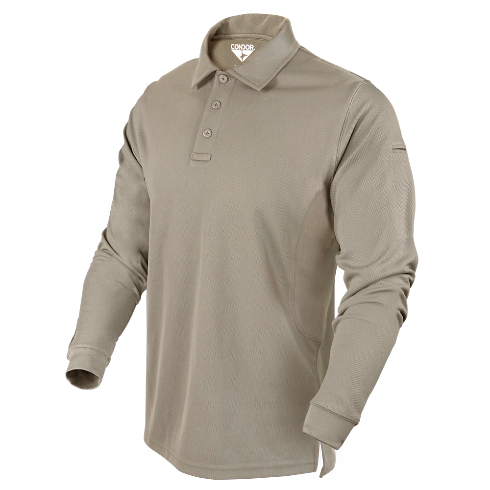 The Condor Long Sleeve Performance Tactical Polo in tan features a three-button placket and the Condor logo inside the collar—shown on an invisible mannequin. Perfect for law enforcement or EDC. On SALE now!.