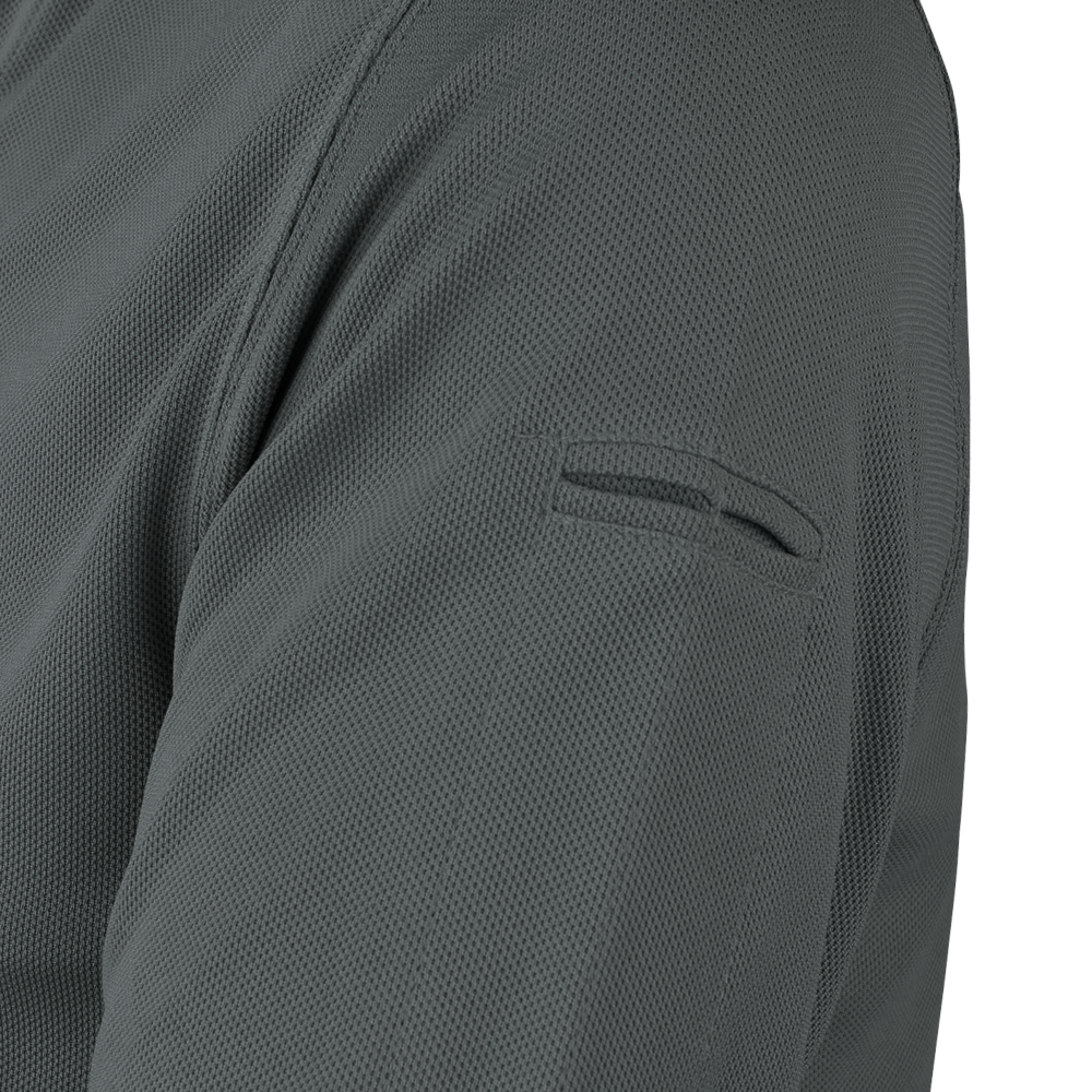 Close-up of the Condor Long Sleeve Performance Tactical Polo in textured dark gray, featuring an upper sleeve slit pocket—perfect for EDC or military-inspired style. On SALE now.