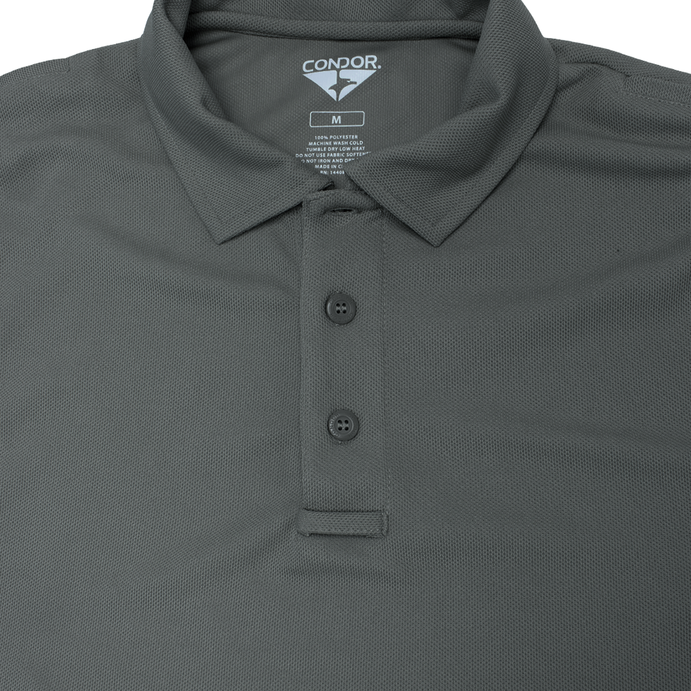 A close-up of a dark gray Condor Long Sleeve Performance Tactical Polo with three buttons, collar, and visible size and care label—perfect apparel for law enforcement or first responders.