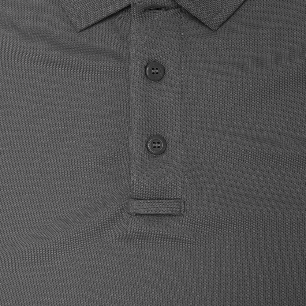 Close-up of the Condor Long Sleeve Performance Tactical Polo | SALE in dark grey, ideal for the shooting range. Features include a collar, two fastened buttons, one unfastened, and textured fabric.