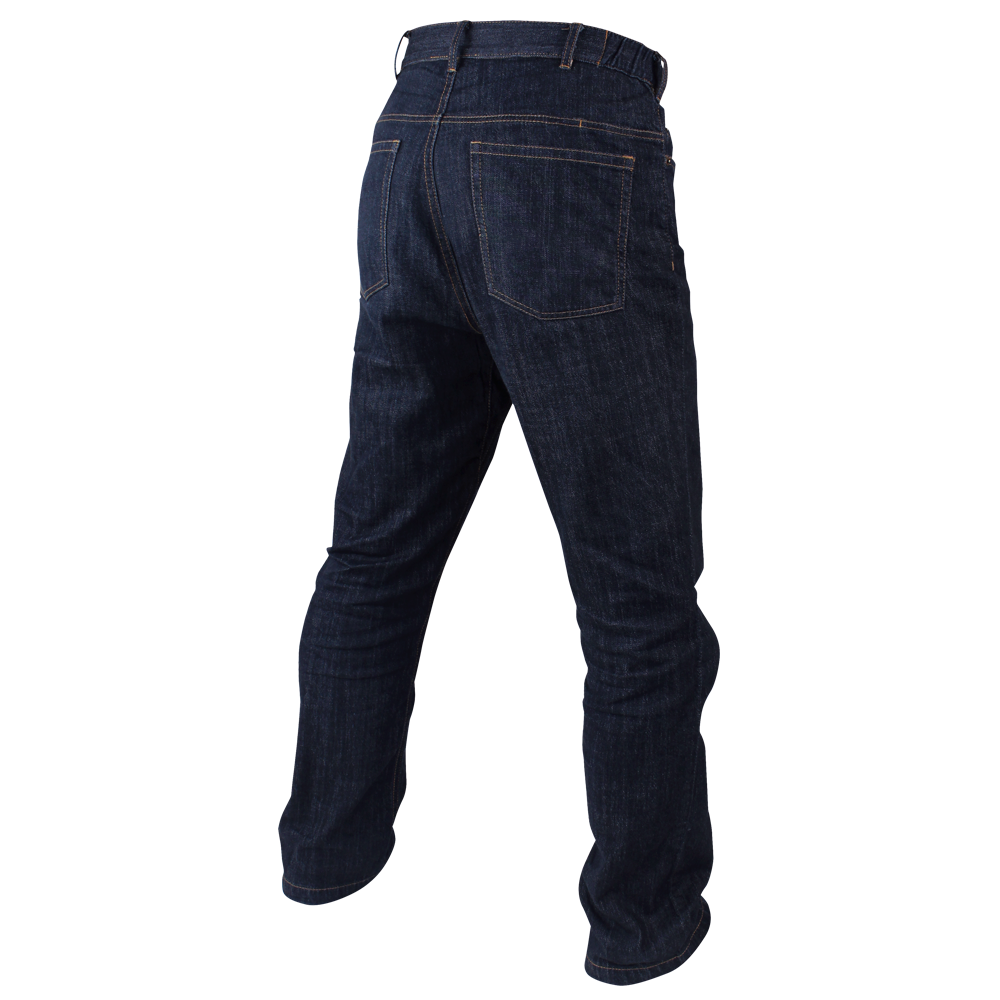 A person wearing Condor Cipher Jeans in dark blue denim, shown from the back with visible back pockets and brown stitching—ideal for off-duty law enforcement or first responders who value comfort and durability.