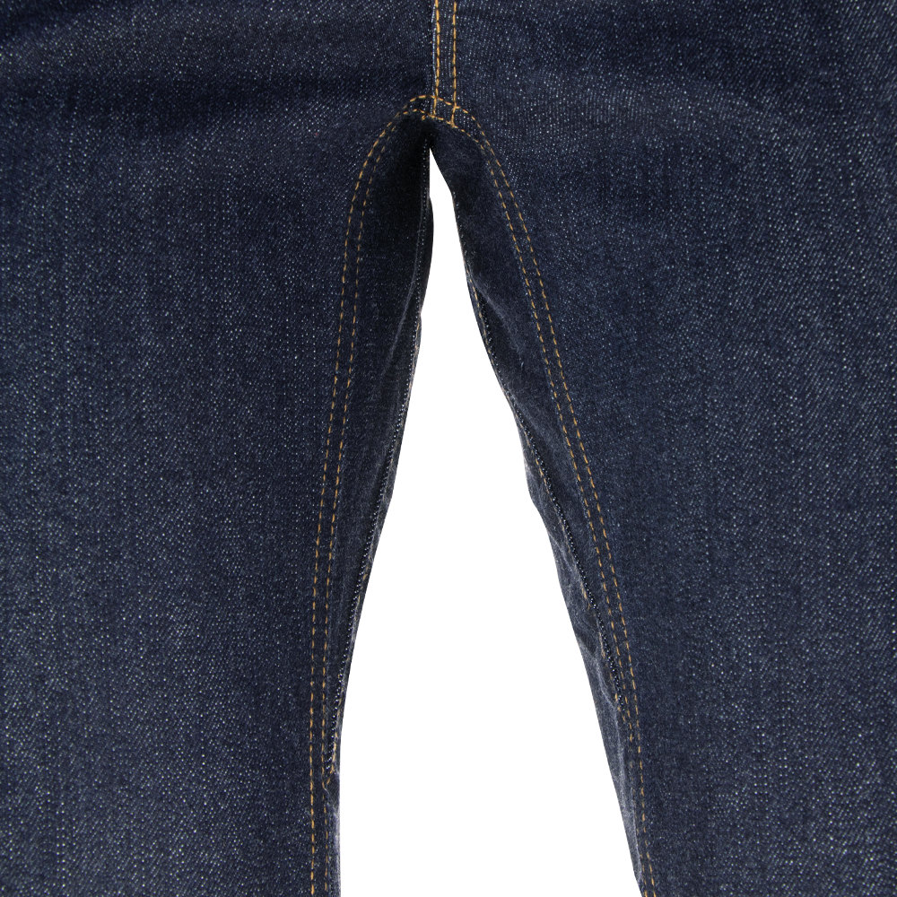 Close-up view of the inner thigh and crotch area of Cipher Jeans by Condor in dark blue denim with yellow stitching, popular among Military and Law Enforcement for their durability.