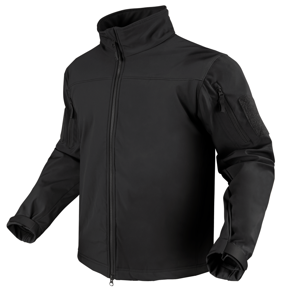 The Condor Westpac Softshell Jacket features a front zipper, high collar, zippered sleeve pocket, and adjustable cuffs—perfect for law enforcement or first responders who need style and function. Shown on an invisible mannequin.
