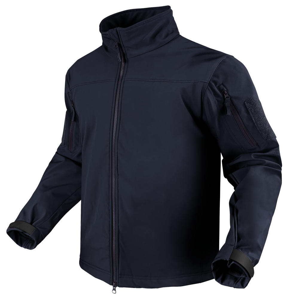 The Condor Westpac Softshell Jacket is a dark navy zip-up with long sleeves, high collar, and adjustable wrist straps, designed for law enforcement. Shown on an invisible mannequin over a transparent background.