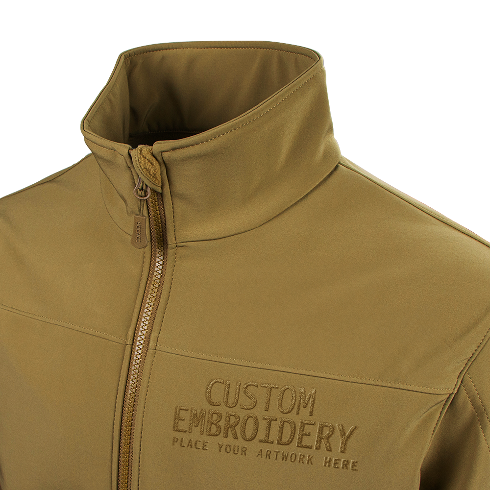 The Condor Westpac Softshell Jacket in tan features custom embroidery on the left chest, ideal for law enforcement and first responder teams.