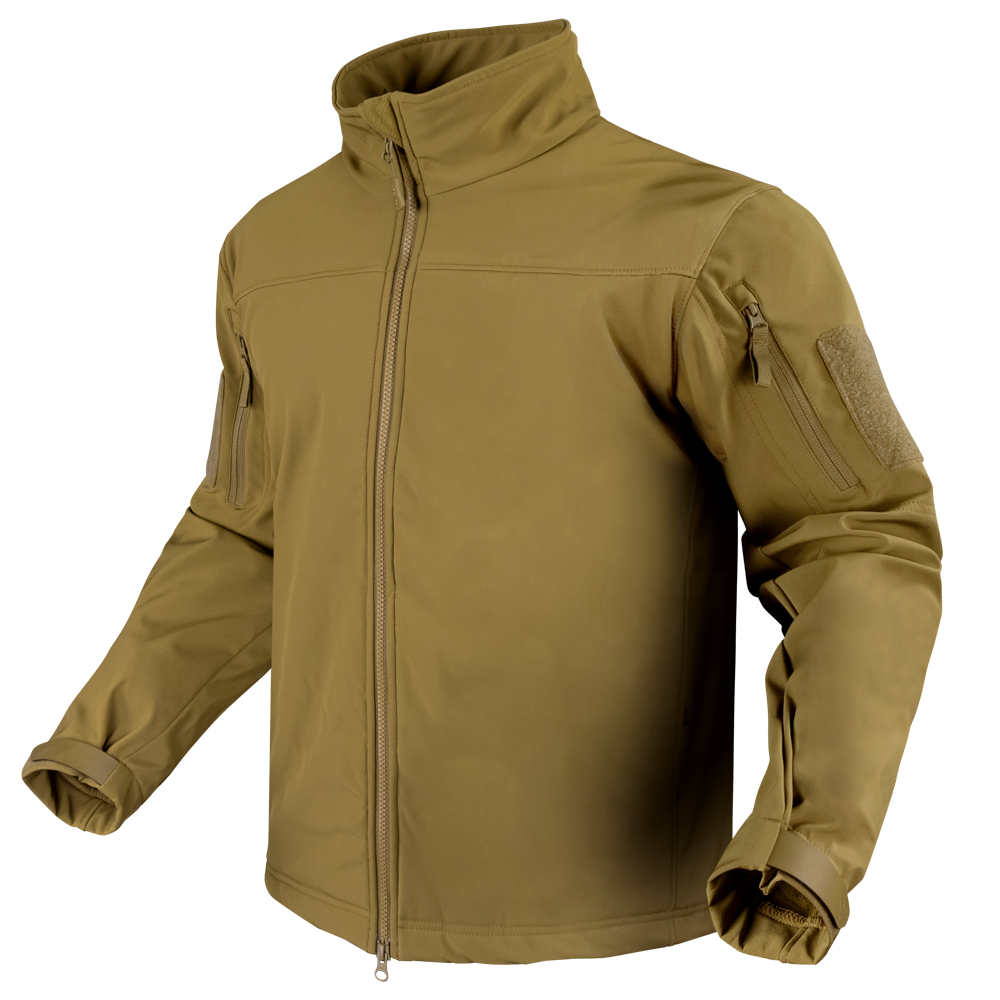 The Condor Westpac Softshell Jacket in tan features a front zipper, high collar, adjustable cuffs, and zippered sleeve pockets. Designed for law enforcement or military use, its displayed on an invisible mannequin.