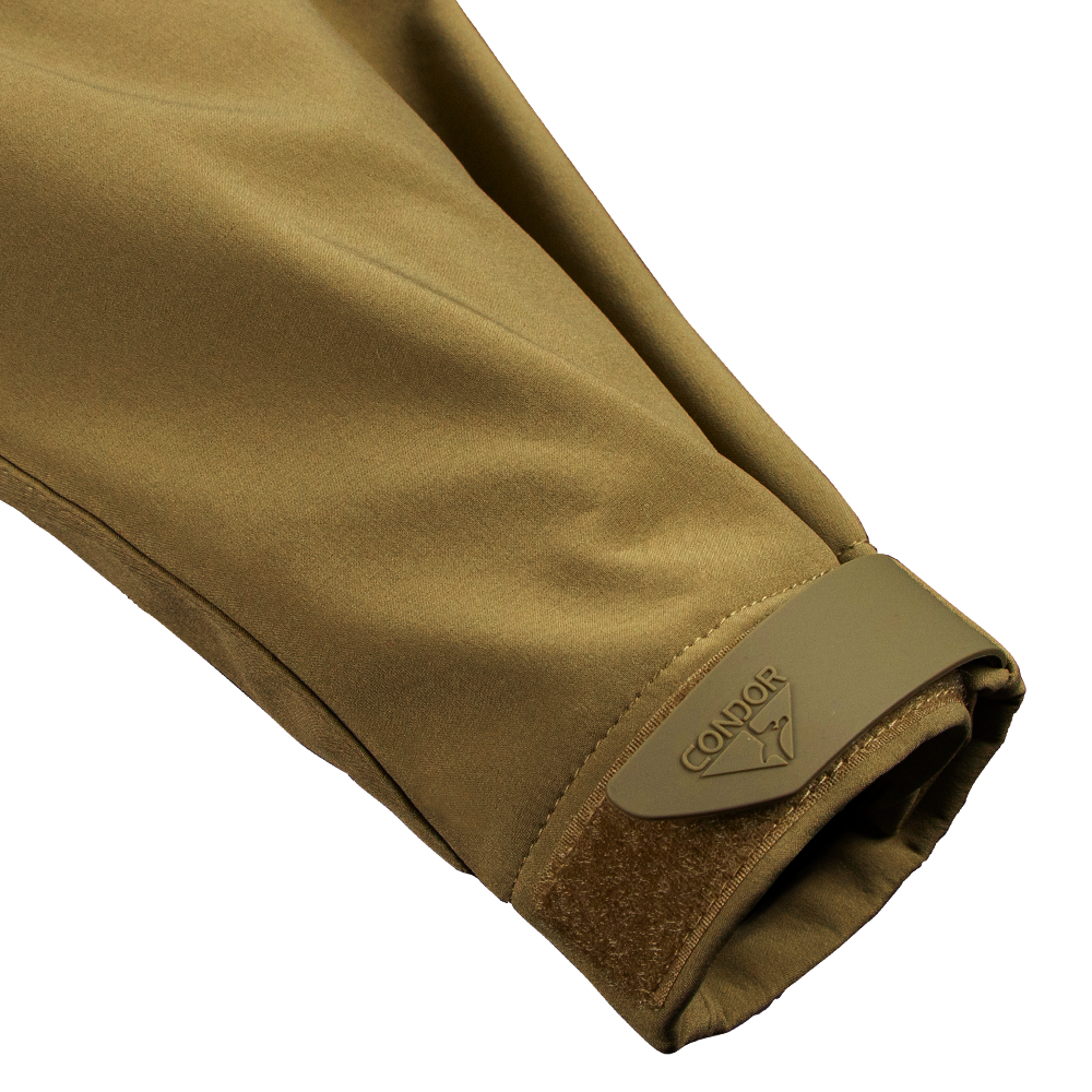 A close-up of the sleeve cuff of the Condor Westpac Softshell Jacket, featuring an adjustable Velcro strap.