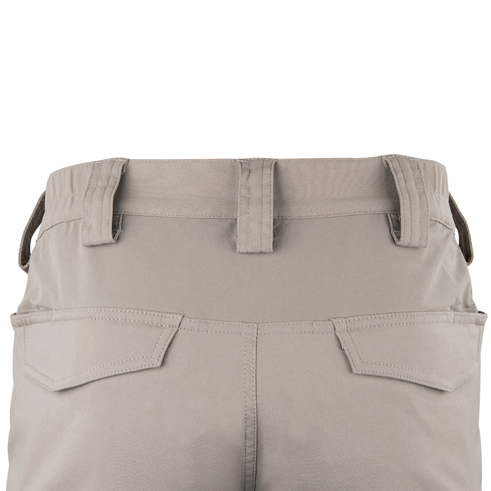 Close-up view of the back of Condor Patrol ADF Pants in light beige, featuring belt loops, a waistband, and two angled flap back pockets.