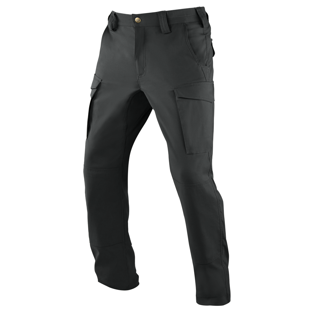 The Condor Patrol ADF Pants are black cargo pants with side pockets, front zipper, and belt loops, offering comfort and durability—ideal for law enforcement or first responders. Shown on a white background.