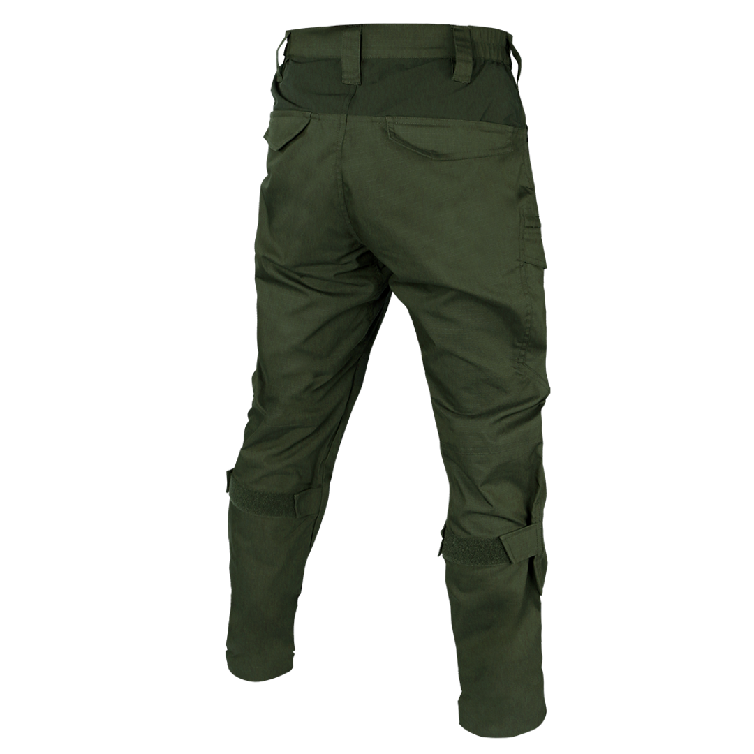 The Condor Paladin Tactical Pants in olive green are shown from the back, highlighting multiple pockets and adjustable leg straps.