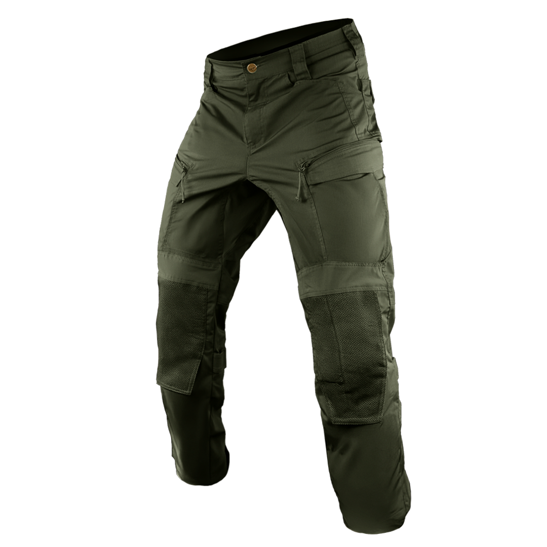 Condor Paladin Tactical Pants in olive green feature multiple zipper pockets, reinforced knees, and a button closure, shown against a plain white background.