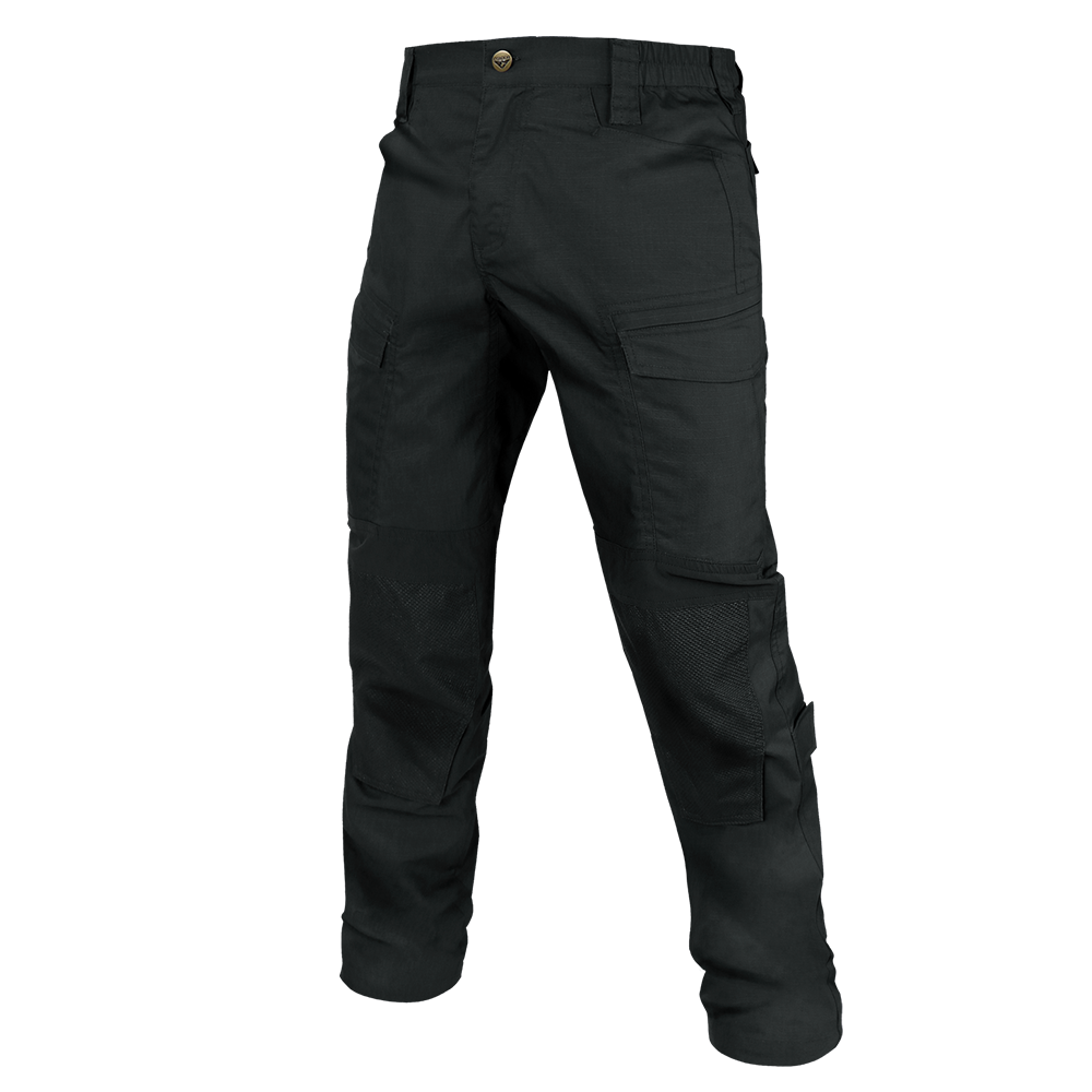 The Condor Paladin Tactical Pants are black cargo pants featuring multiple pockets, reinforced knees, and a button waist closure.