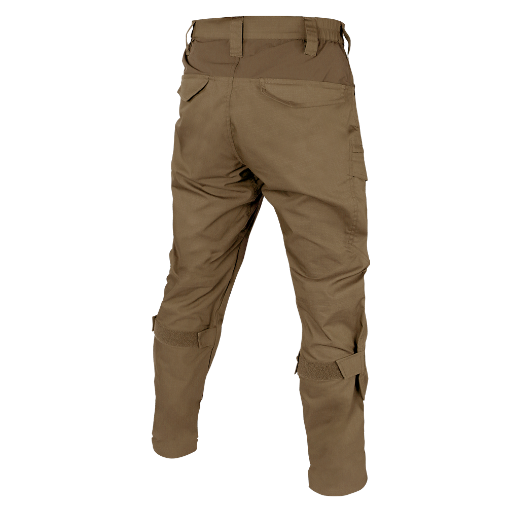 Back view of the Condor Paladin Tactical Pants in brown, featuring multiple pockets and adjustable knee and ankle straps, shown on a white background.