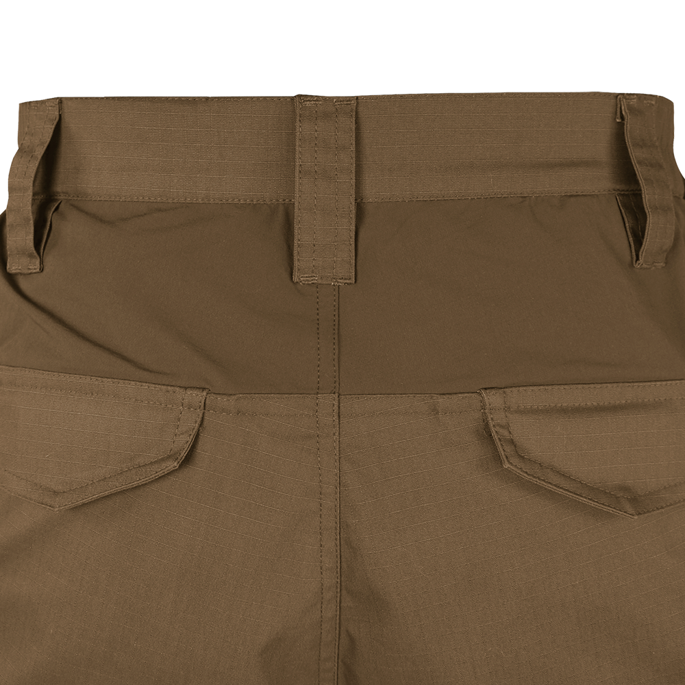 Close-up of the back waistband and upper section of Condor Paladin Tactical Pants in brown, highlighting two rear pockets and belt loops.