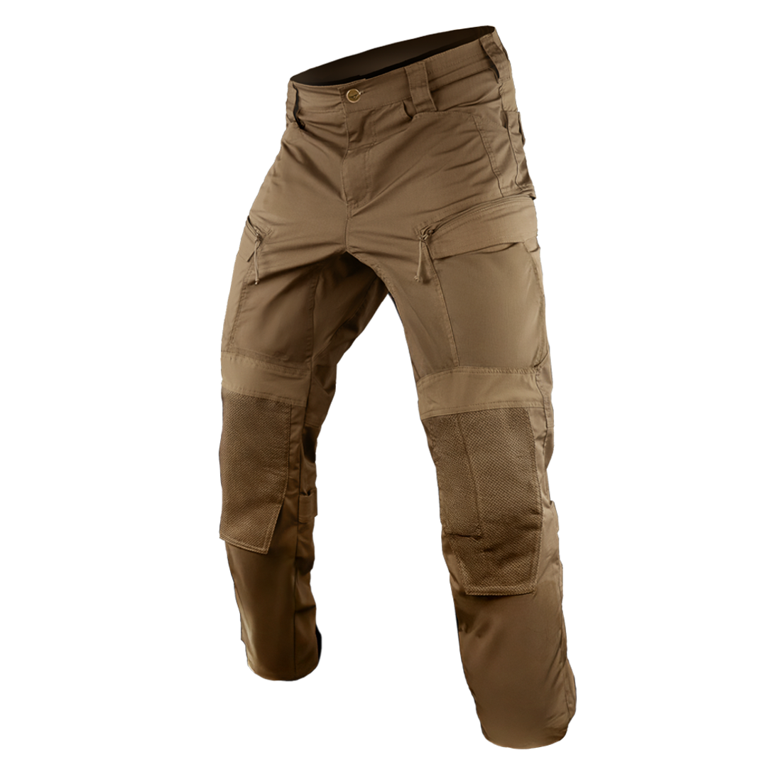 Condor Paladin Tactical Pants in brown, featuring multiple zippered pockets and reinforced knees, shown against a plain white background.