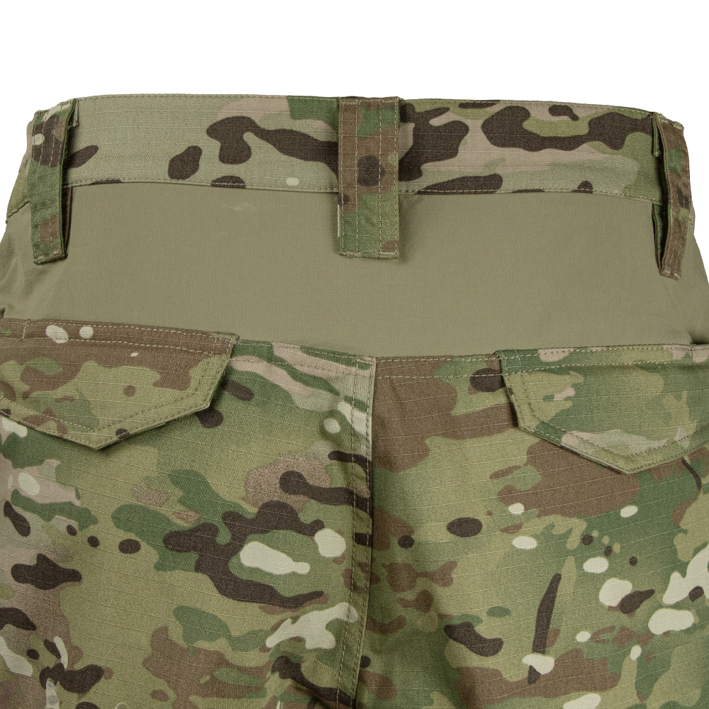 Close-up view of the back of Condor Paladin Tactical Pants - MultiCam, featuring two back flap pockets and a green waistband.