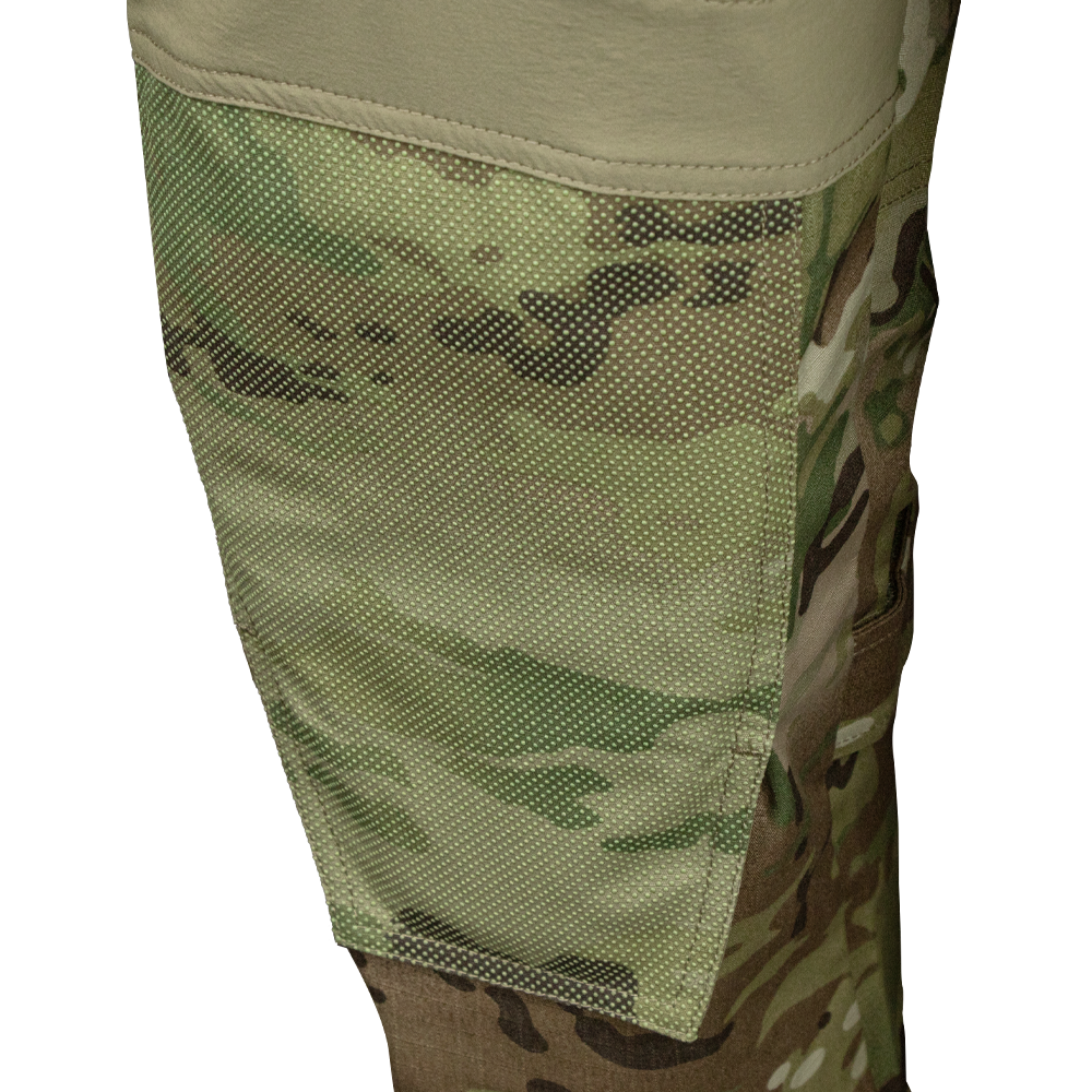Close-up of Condor Paladin Tactical Pants in MultiCam, highlighting the camouflage-patterned fabric patch, detailed stitching, and contrasting textures.