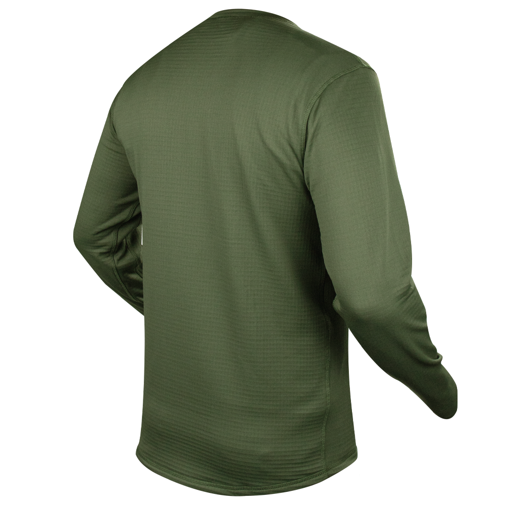 A person wearing the Condor Base II Crew Pullover in olive green, seen from the back against a plain background, gives off a military-inspired vibe.