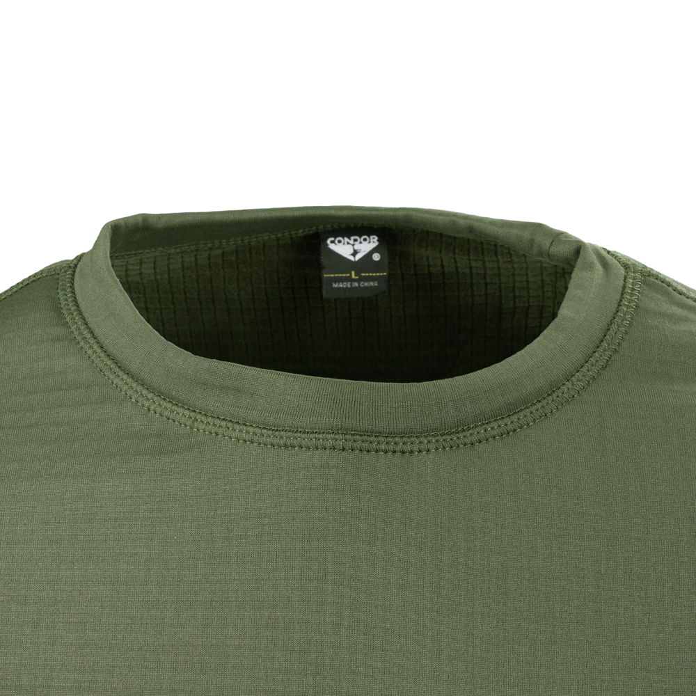 Close-up of the Condor Base II Crew Pullover in olive green, featuring a crew neck with a visible inside collar label. Ideal for law enforcement or shooting range use.
